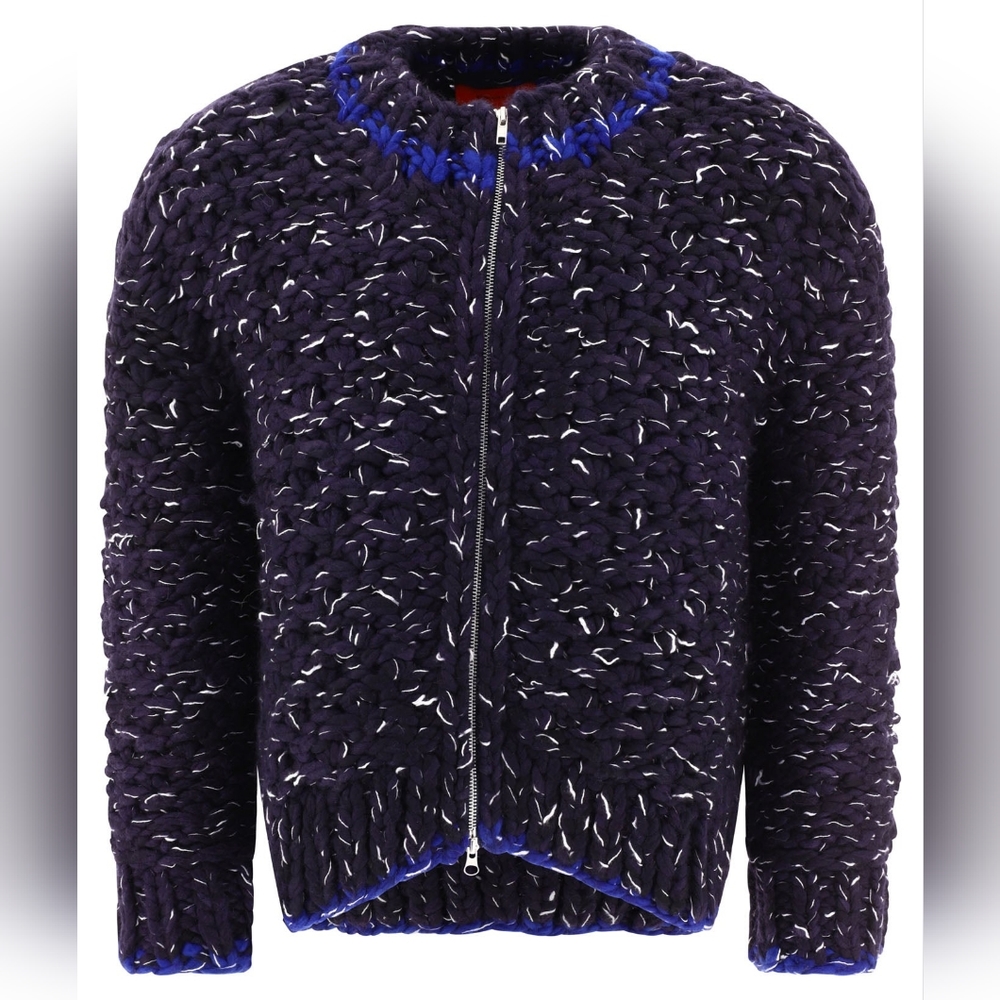ECKHAUS LATTA Hand Knit Wool Bomber Jacket Sweater In Blueberry Sz M Org $1,250